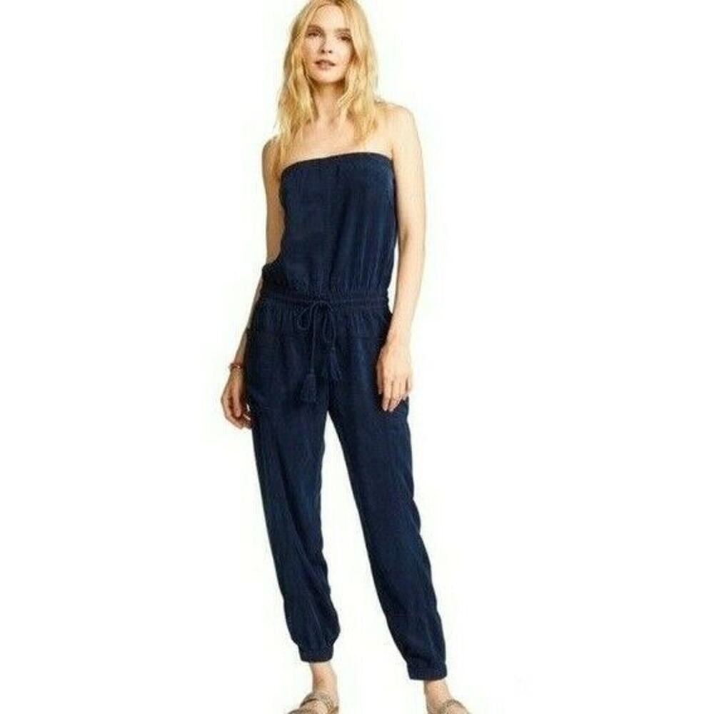 YFB Clothing Luke Jumpsuit S Blue Strapless Tassel Pockets Gathered Hem